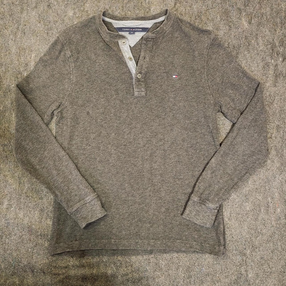 Tommy Hilfiger Mens 100% Cotton Waffle Henley Shirt Heather Olive XS